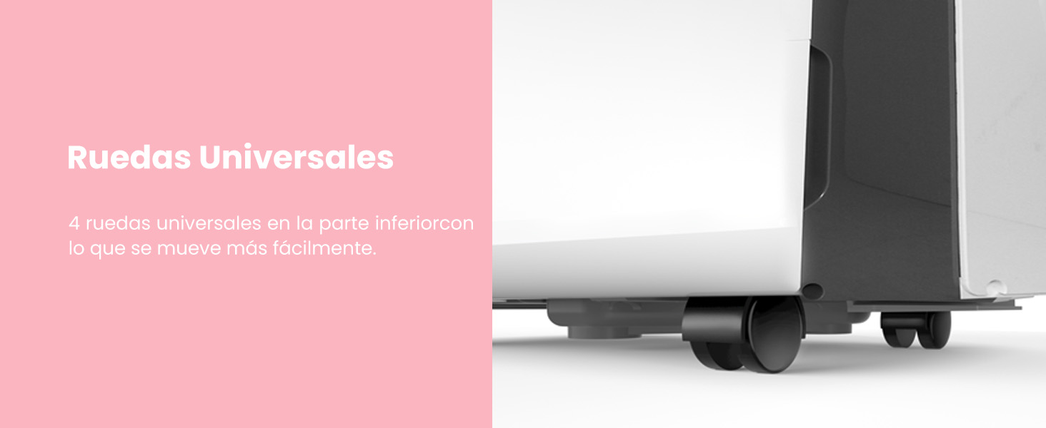 con fondo rosa que muestra el texto «Ruedas Universales» con una vista parcial de lo que parecen ser muebles o equipos con