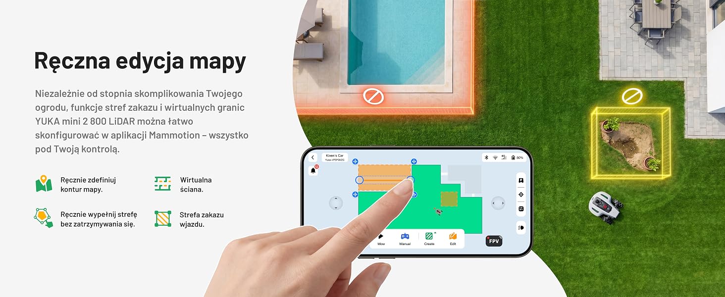 Tekst brzmi „Rezena edycja mapy” z polskim tekstem opisującym cechy. Kompozyt pokazujący trzymający się ręcznie smartfon wyświetlający interfejs mapy z kolorowymi przekrojami.