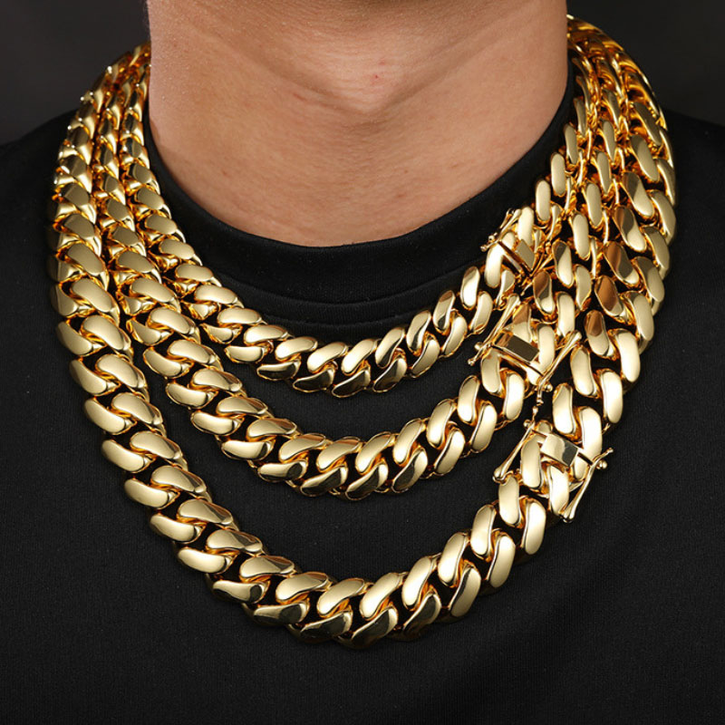 14mm 14K gold plated glossy Cuban chain front view hip hop jewelry