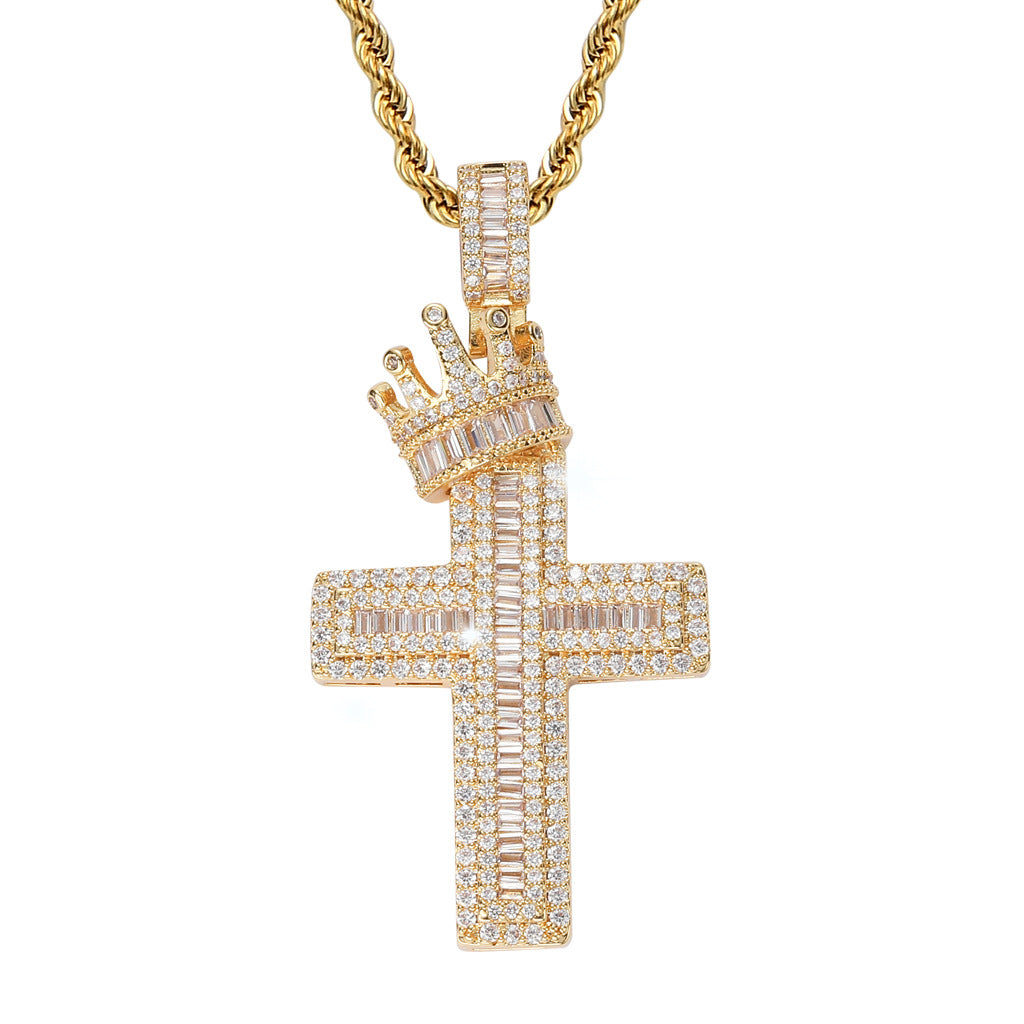 ice out gold baguette crown cross pendant front view luxury streetwear jewelry