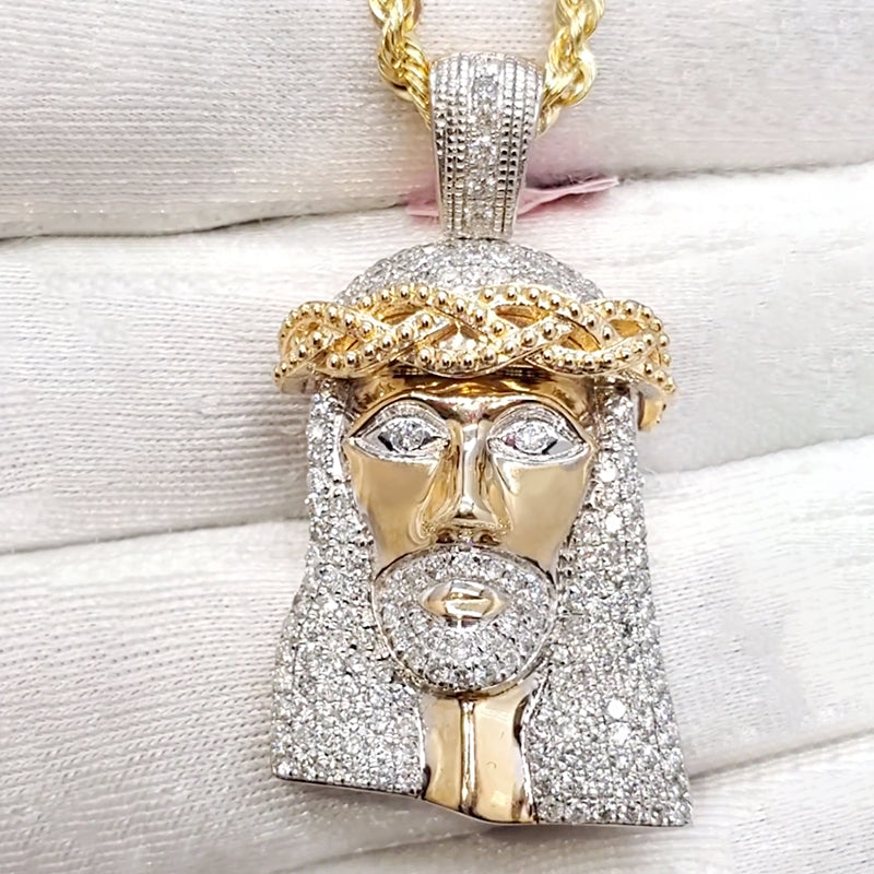 Hip hop style Jesus face pendant with stones, S925 silver base, gold-tone accents, and iced jewelry design.