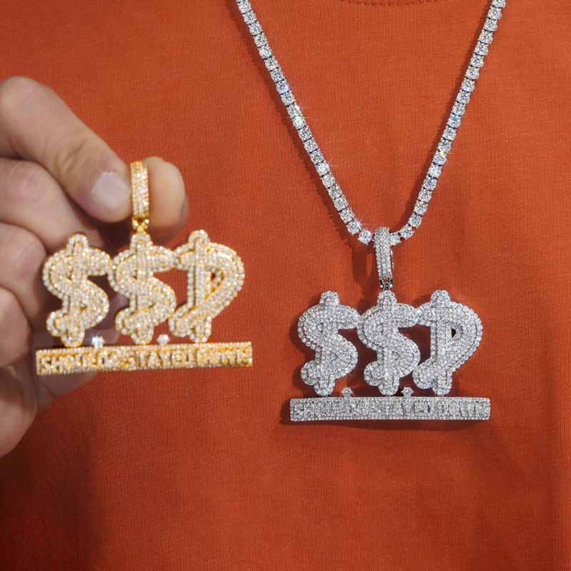 model wearing dollar sign SSD pendant streetwear fashion jewelry style