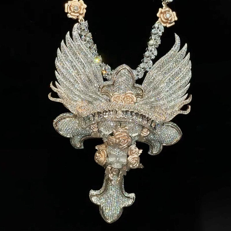 Flyboy Lifestyle wings rose cross pendant necklace close-up detail