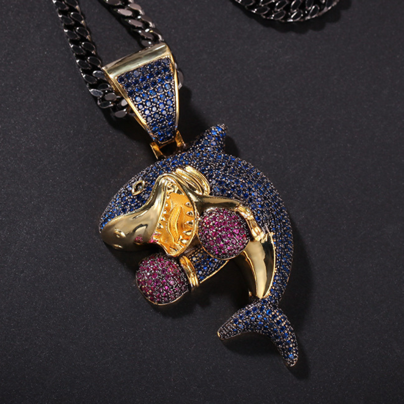 gold boxing shark pendant side view luxury jewelry finish detail