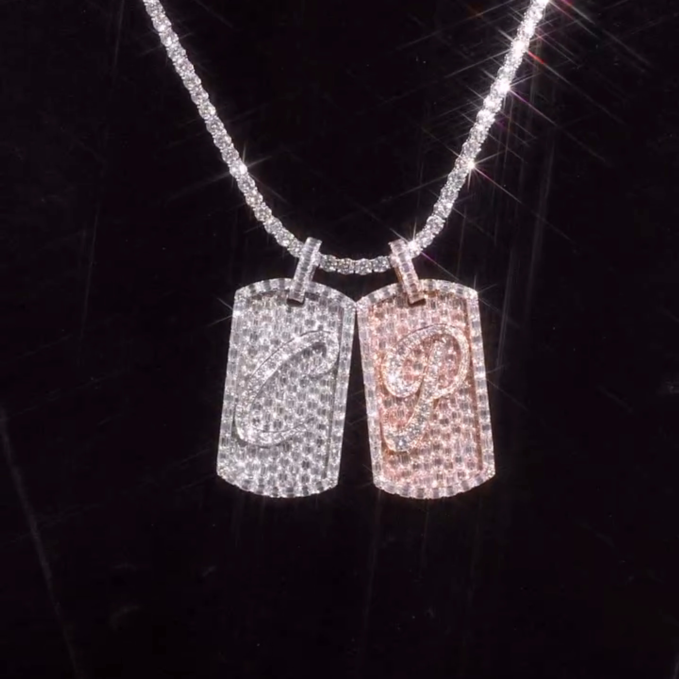 C & P baguette initial dog tag pendant iced out jewelry