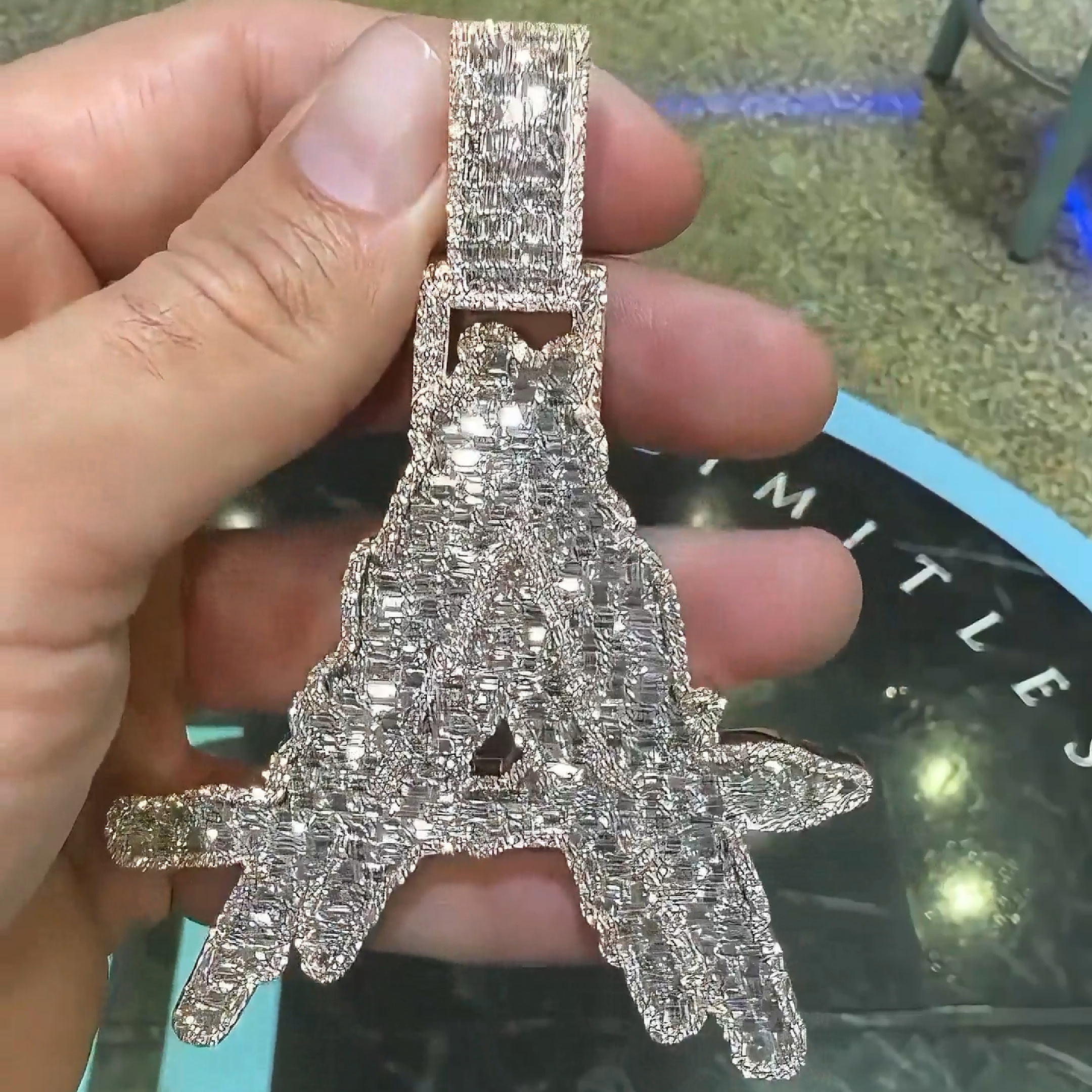 double A letter pendant iced out jewelry close up
