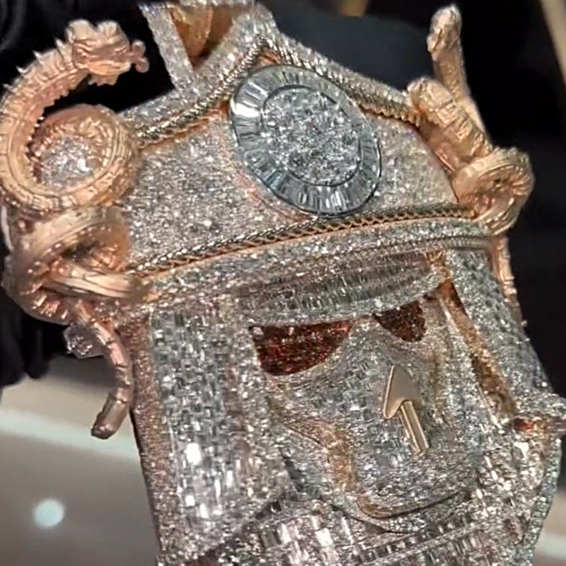 Male model wearing conqueror mask pendant streetwear chain