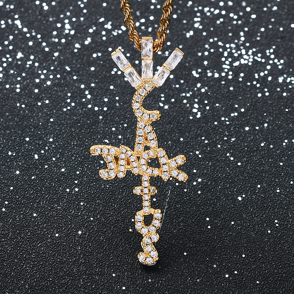 gold graphic cross pendant chain set front view luxury streetwear jewelry