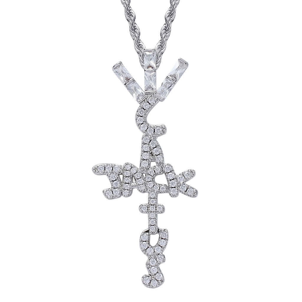 white gold graphic cross pendant chain set front view premium finish jewelry