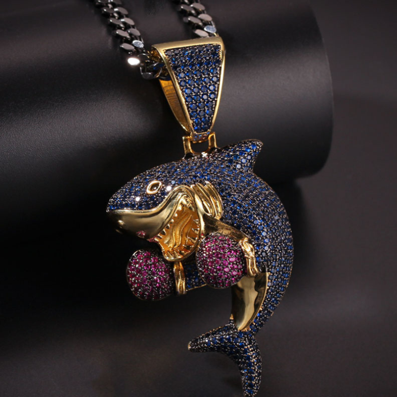 boxing shark pendant angled view premium hip hop jewelry craftsmanship