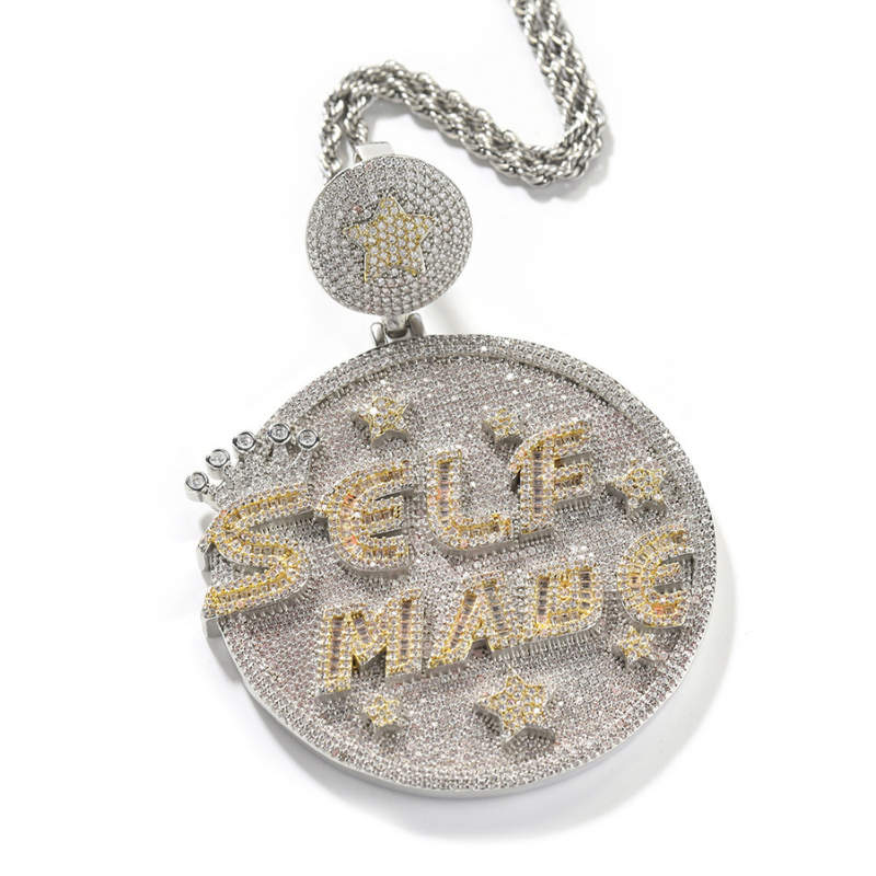 white gold and gold SELF MADE disc pendant side view premium jewelry finish detail