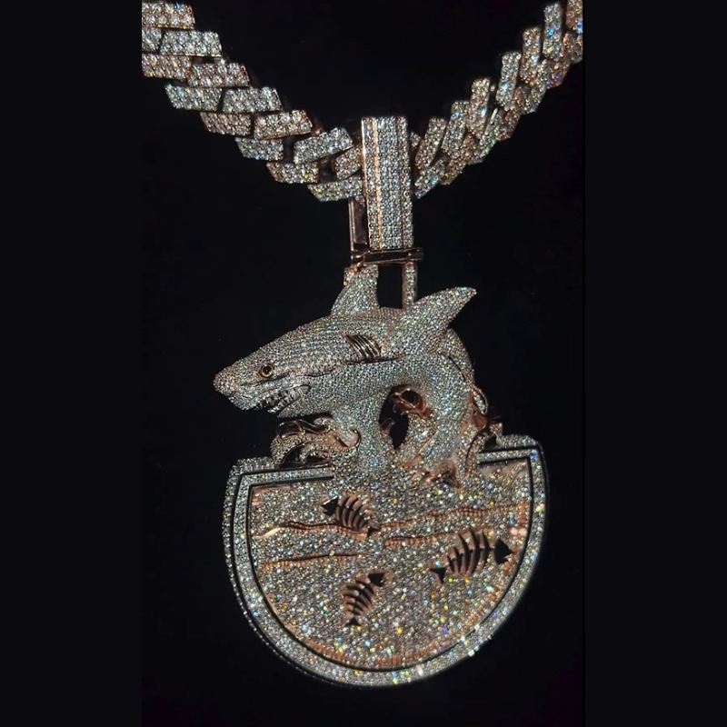 Bling shark pendant necklace with diamond look CZ stones on silver chain