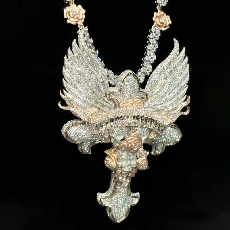 Flyboy Lifestyle wings rose cross pendant necklace close-up detail