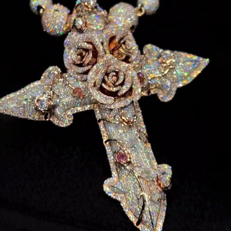 rose cross pendant, iced out cross necklace, floral cross pendant, hip hop jewelry, luxury cross necklace, gold cross pendant, streetwear jewelry, bling pendant necklace, designer cross chain, iced out jewelry, crystal cross pendant, fashion necklace for men, luxury pendant chain, urban style jewelry, statement cross necklace