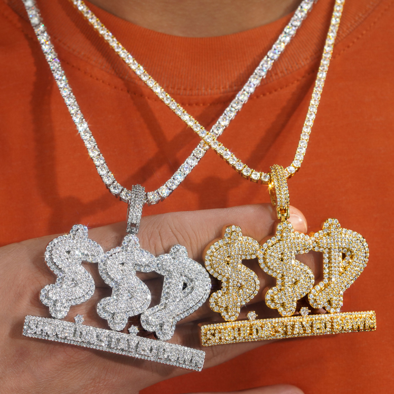 model wearing dollar sign SSD pendant streetwear fashion jewelry style