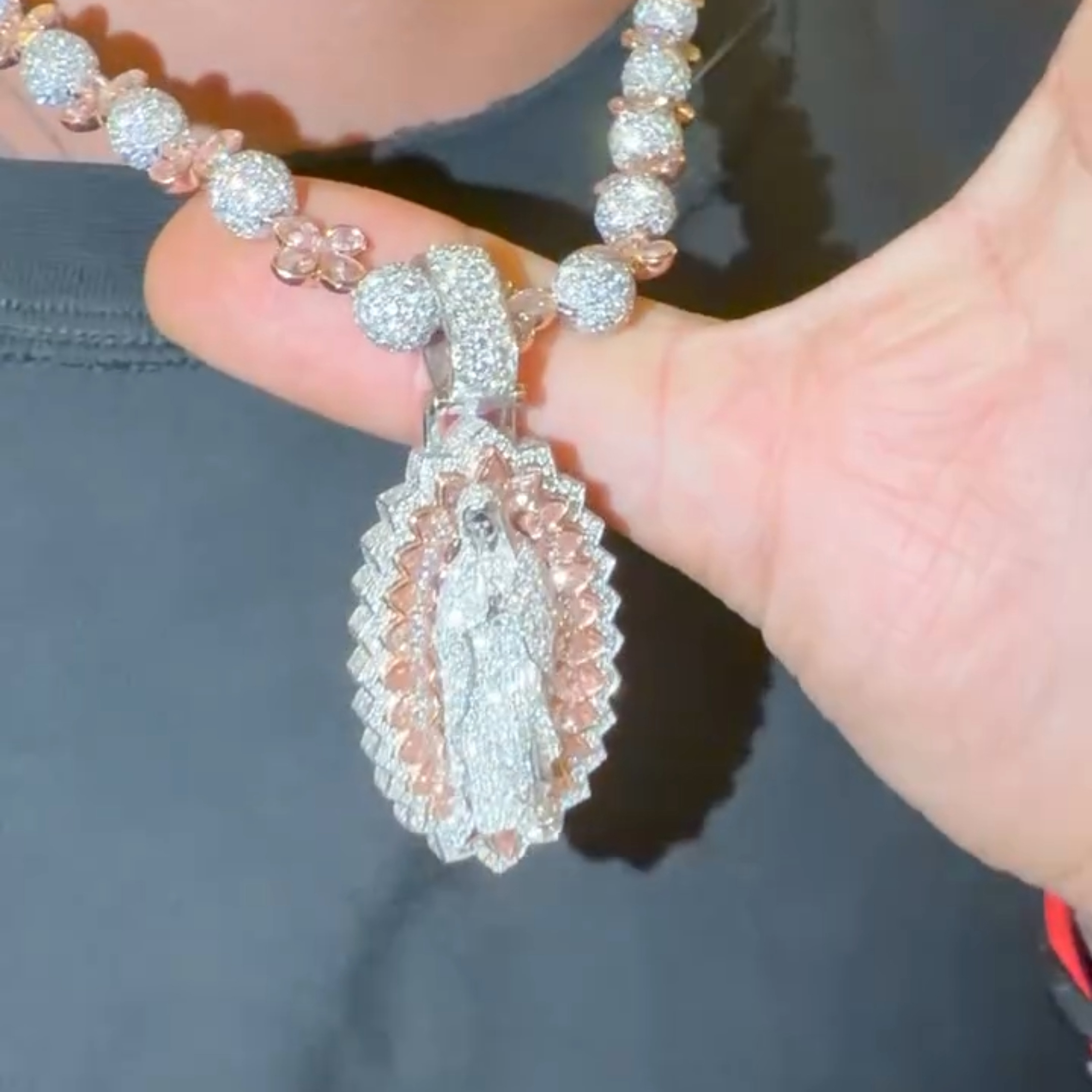 Moissanite Pear Floral Halo Virgin of Guadalupe Pendant