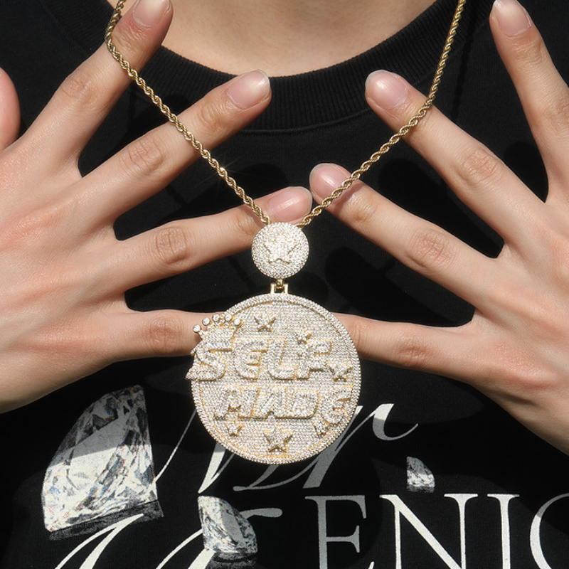model wearing SELF MADE disc pendant luxury streetwear fashion jewelry