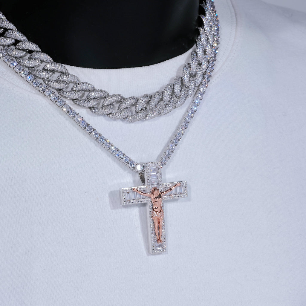 model wearing Jesus cross tennis chain set