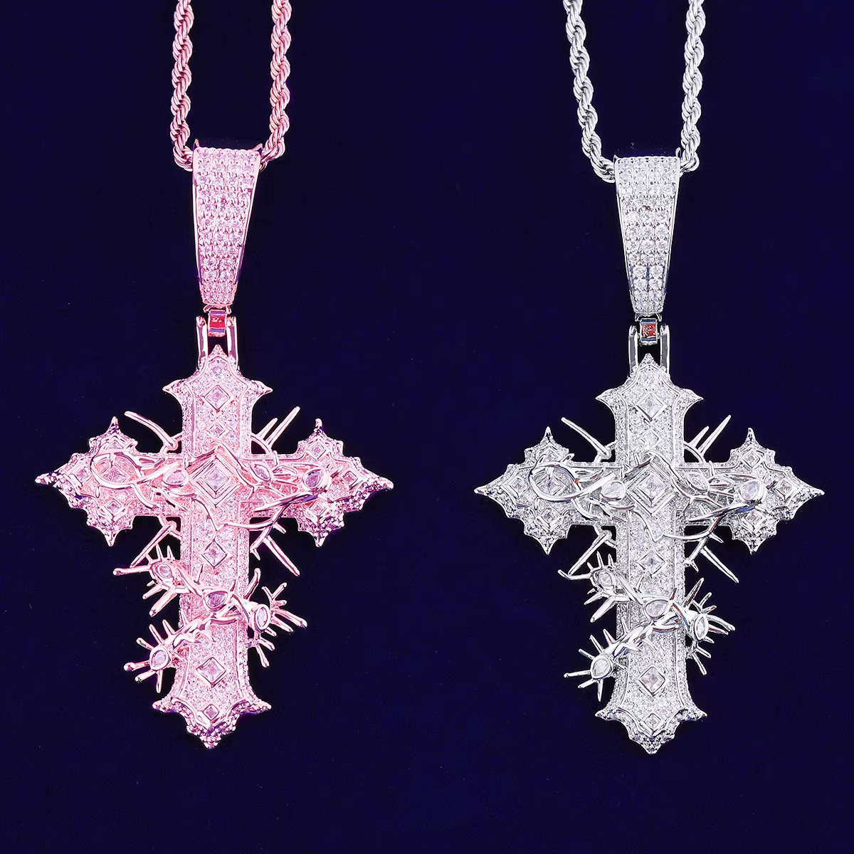 rose gold spiked cross pendant stone details