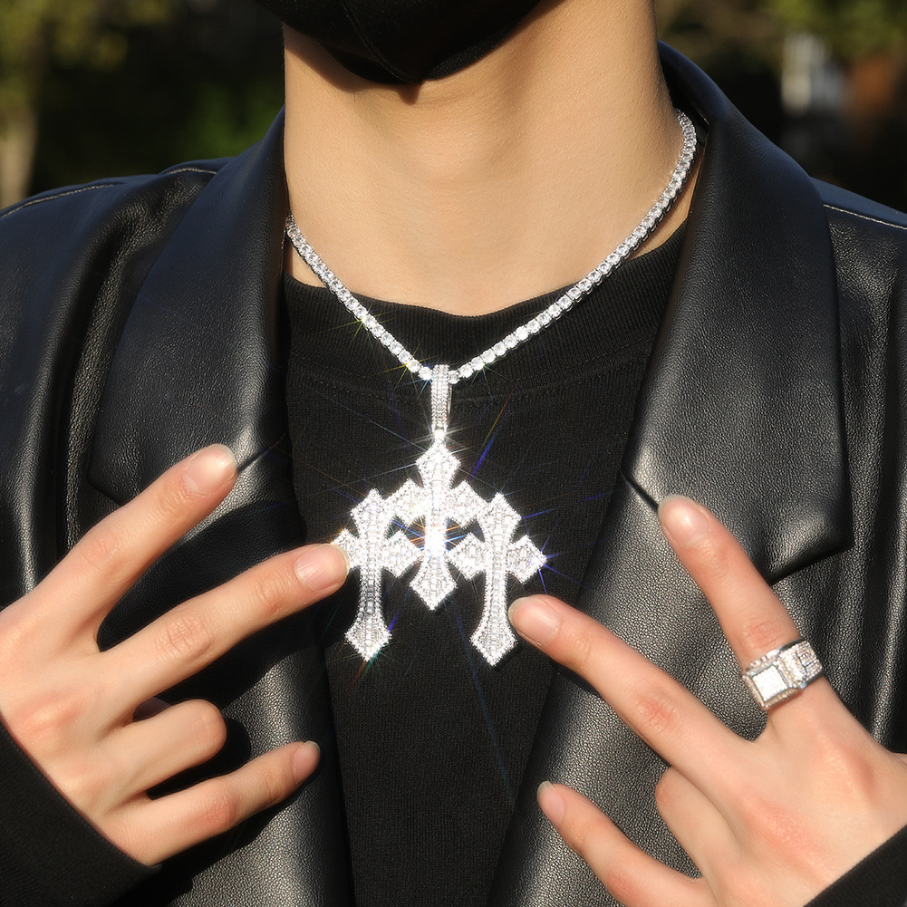 close up model wearing baguette triple ornamental cross pendant fashion jewelry style