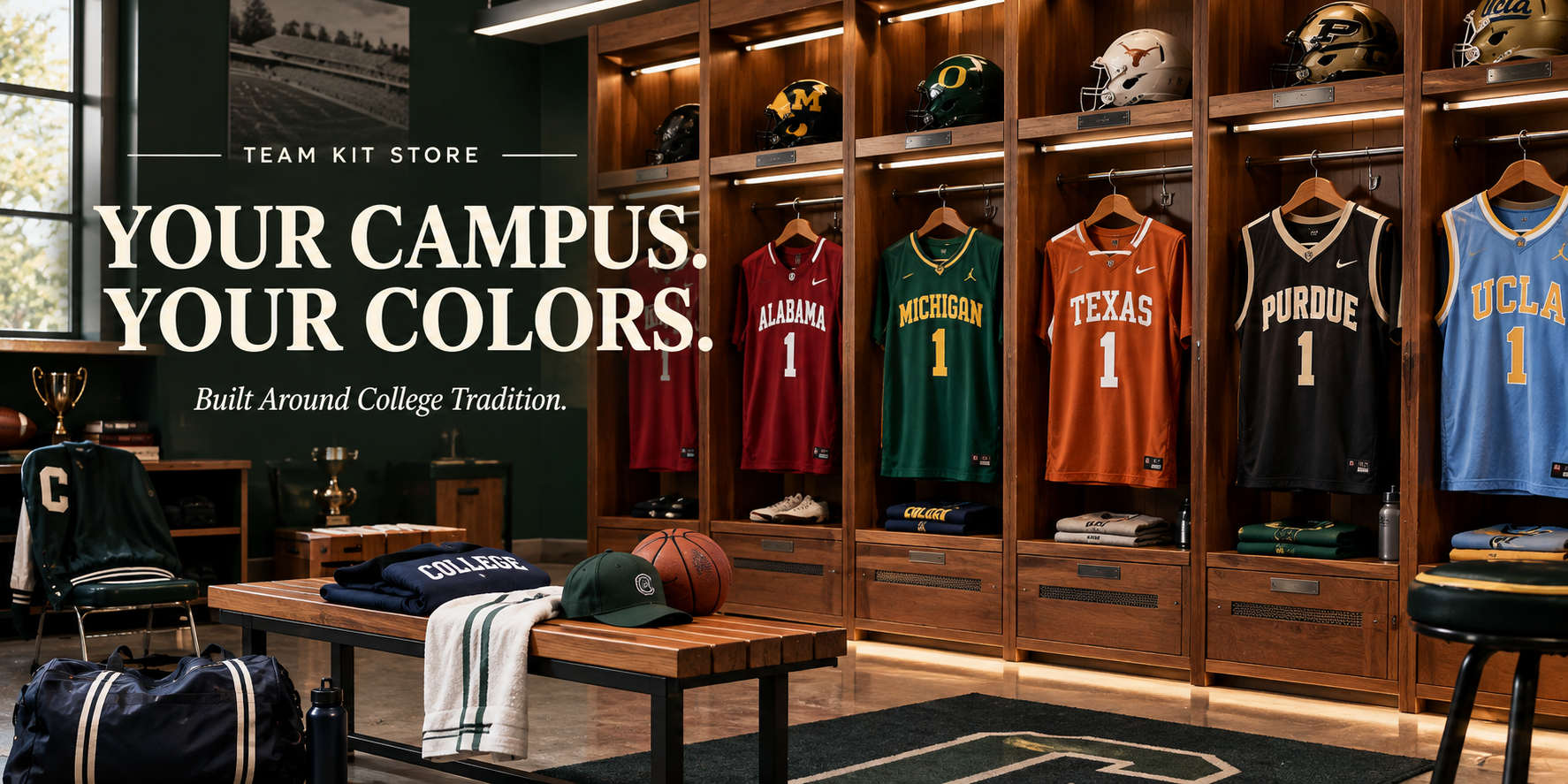 Collegiate locker room featuring college jerseys and athletic gear