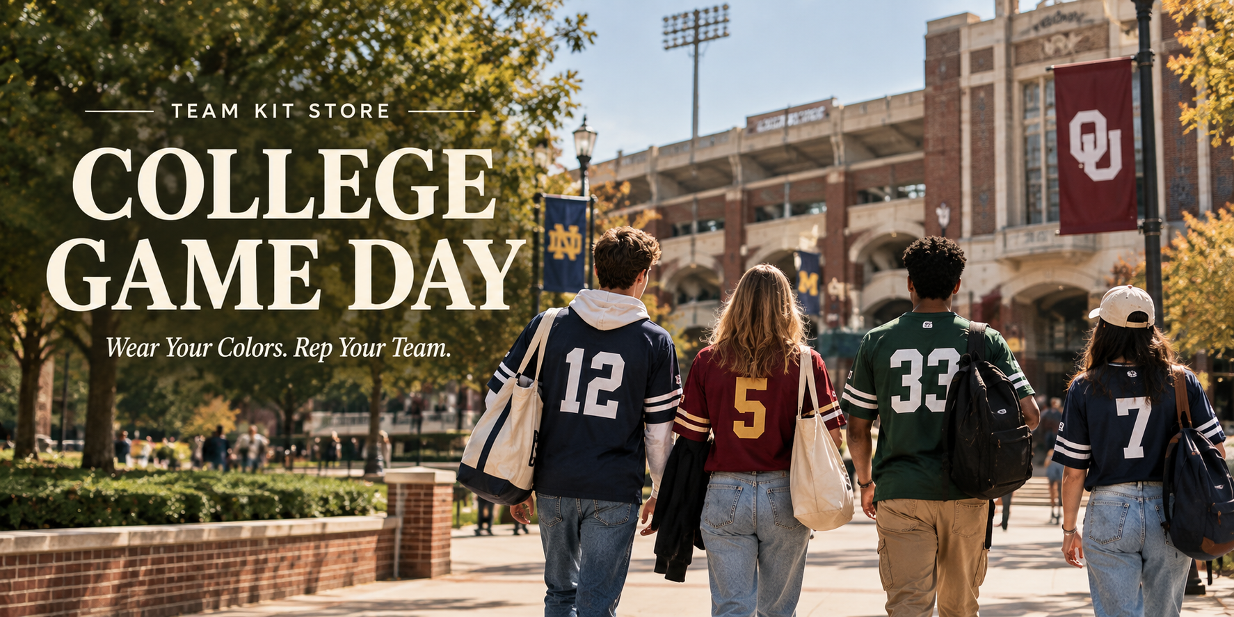 College Game Day banner with students wearing team jerseys on campus