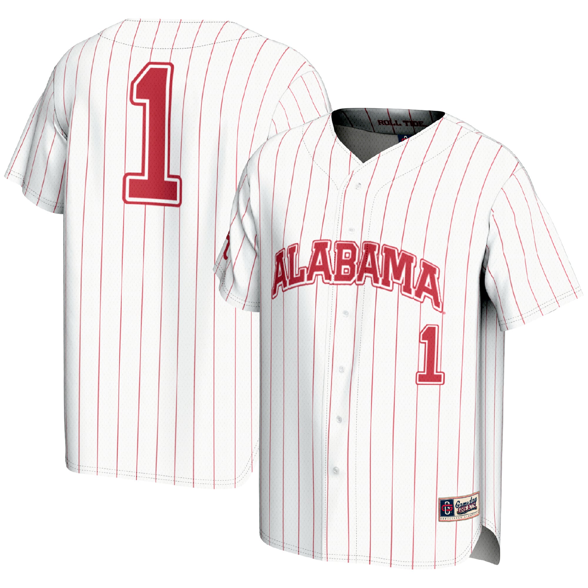 #1 Alabama Crimson Tide Lightweight Baseball Fashion Jersey White - front and back view