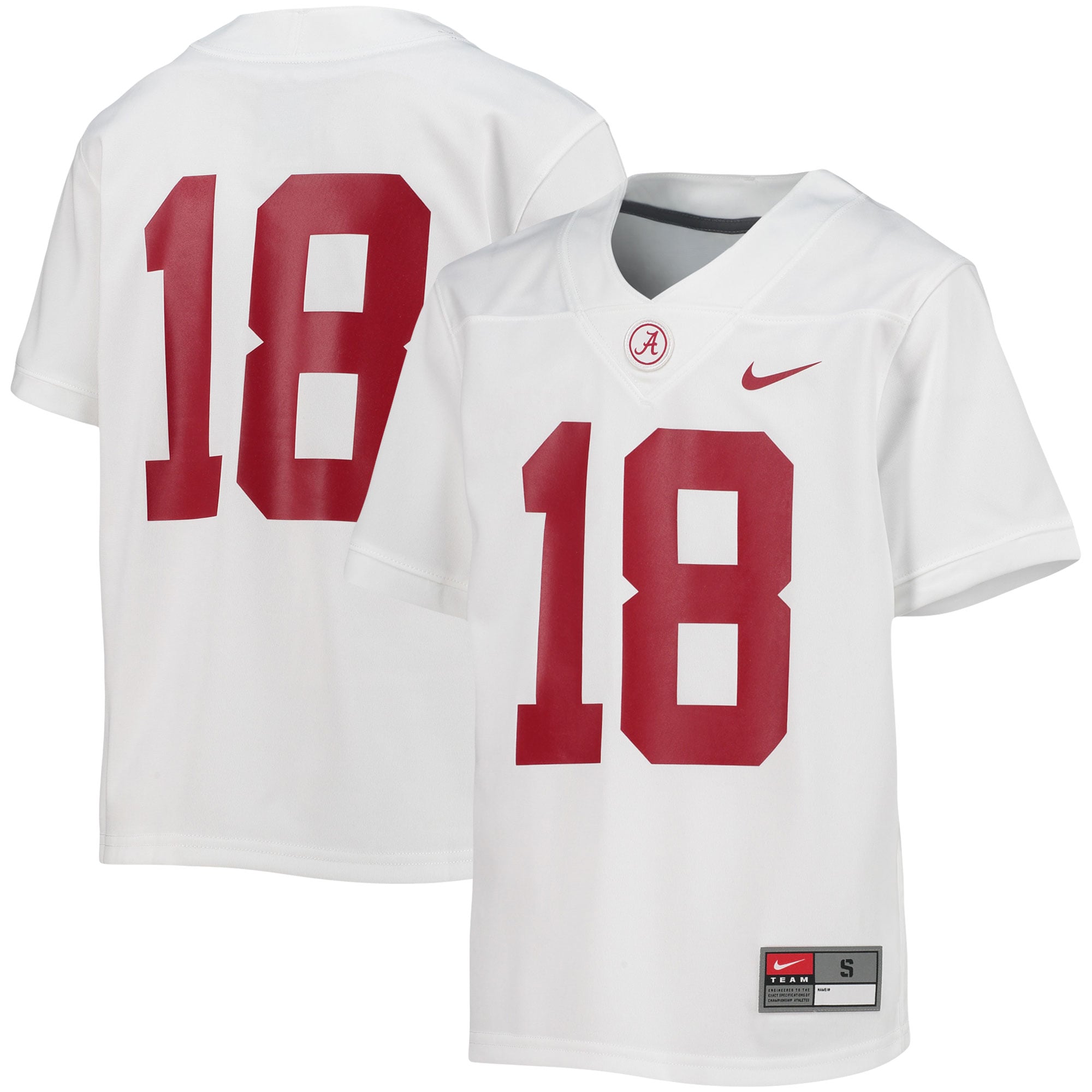 #18 Alabama Crimson Tide Youth Football Team Jersey White - front and back view