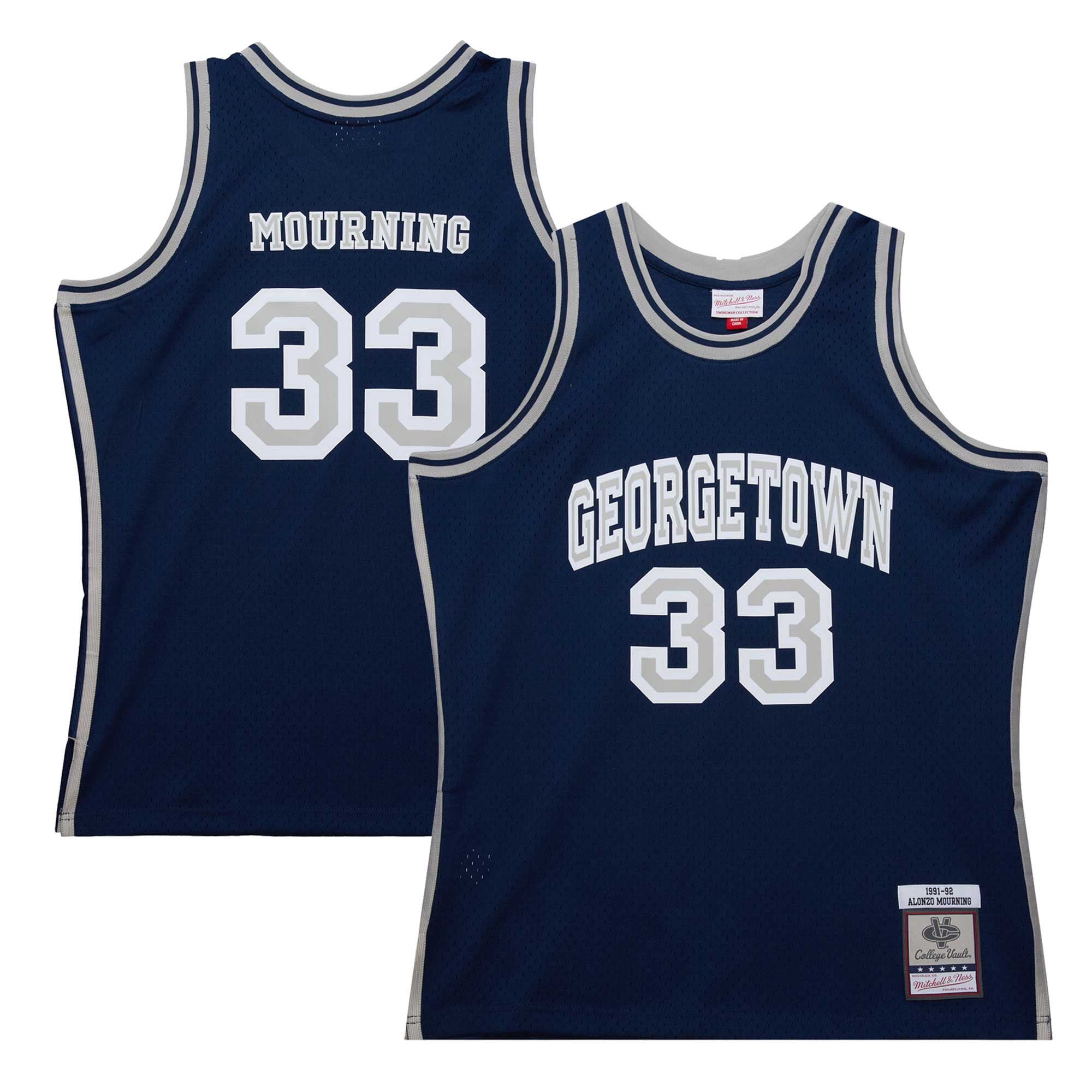 Alonzo Mourning Georgetown Hoyas 1991/92 Player Jersey Navy - front and back view