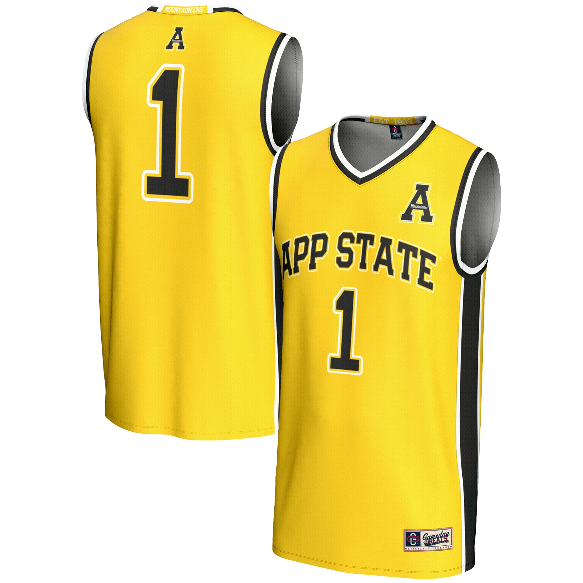 #1 Appalachian State Mountaineers Lightweight Basketball Jersey Gold - front and back view