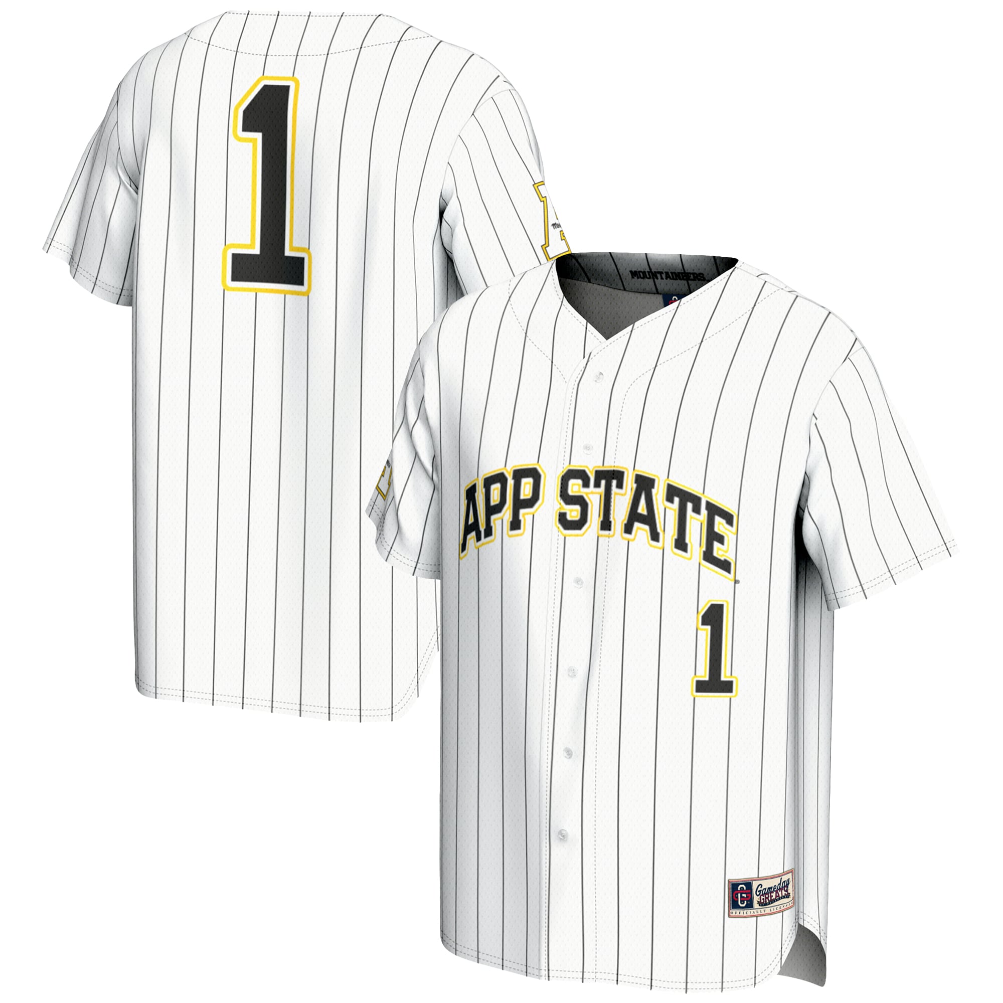 #1 Appalachian State Mountaineers Youth Lightweight Baseball Jersey White - front and back view