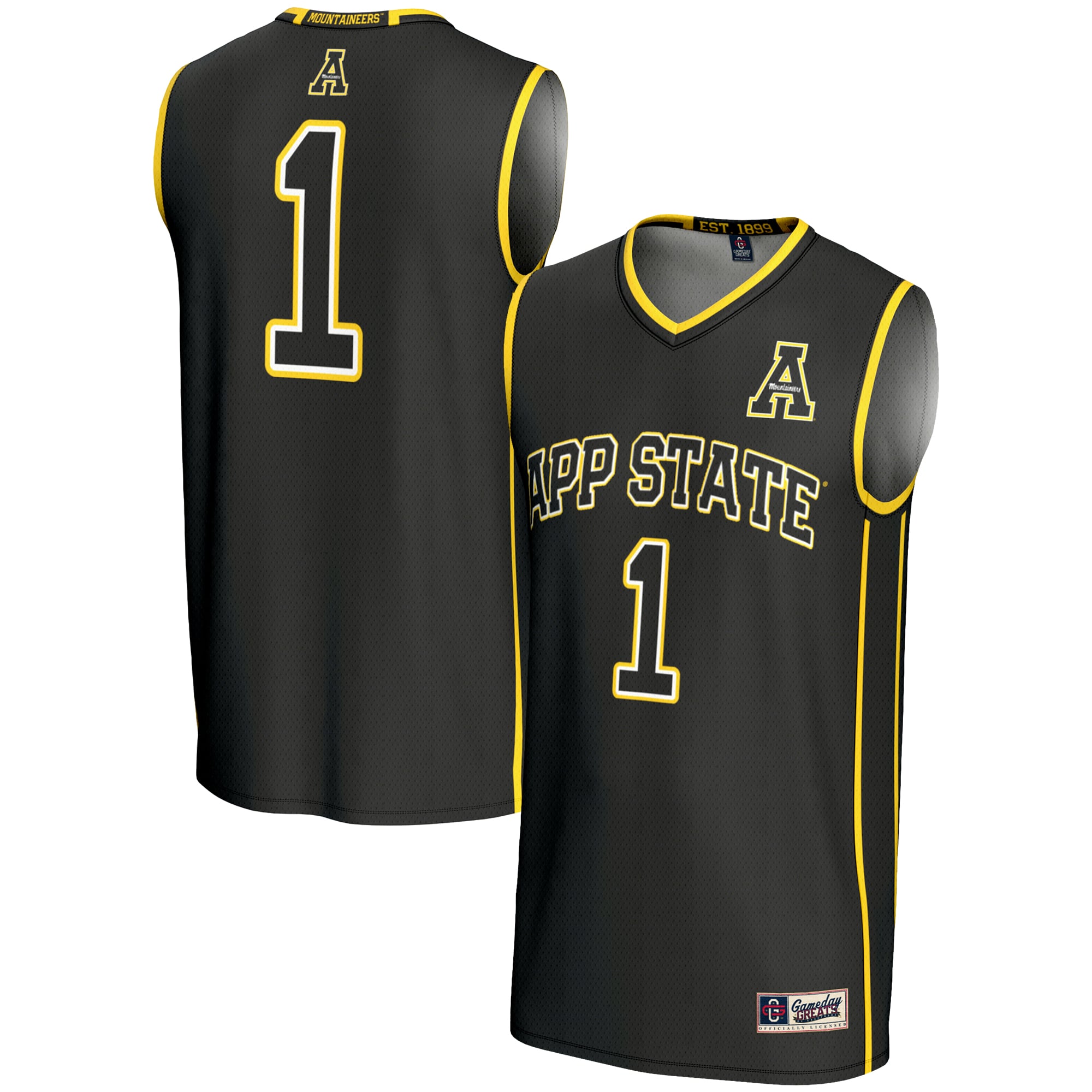 #1 Appalachian State Mountaineers Youth Lightweight Basketball Jersey Black - front and back view