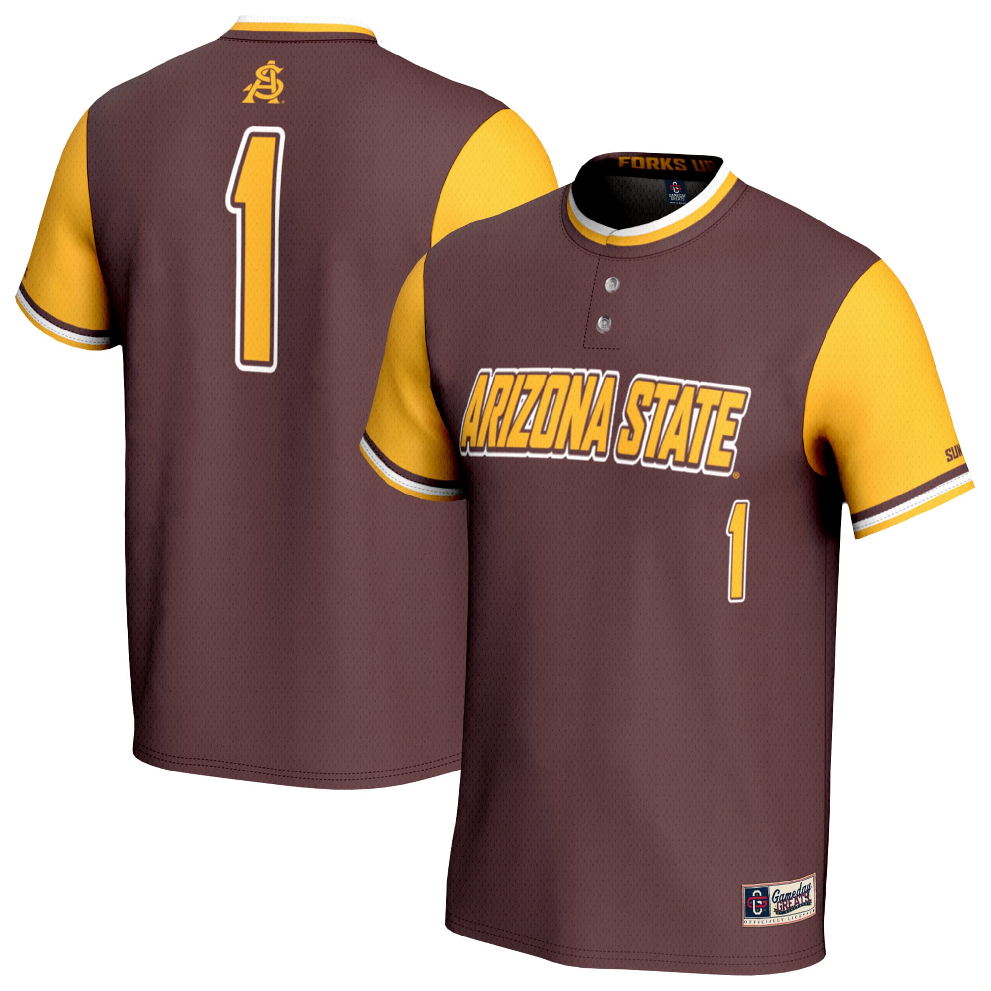 #1 Arizona State Sun Devils Youth Lightweight Collegiate Softball Fashion - front and back view