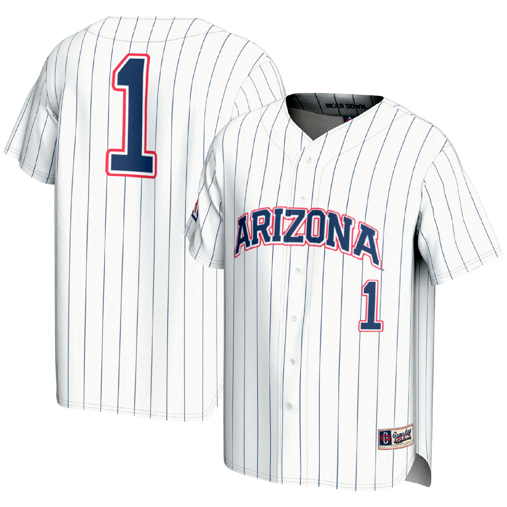 #1 Arizona Wildcats Lightweight Baseball Fashion Jersey White - front and back view