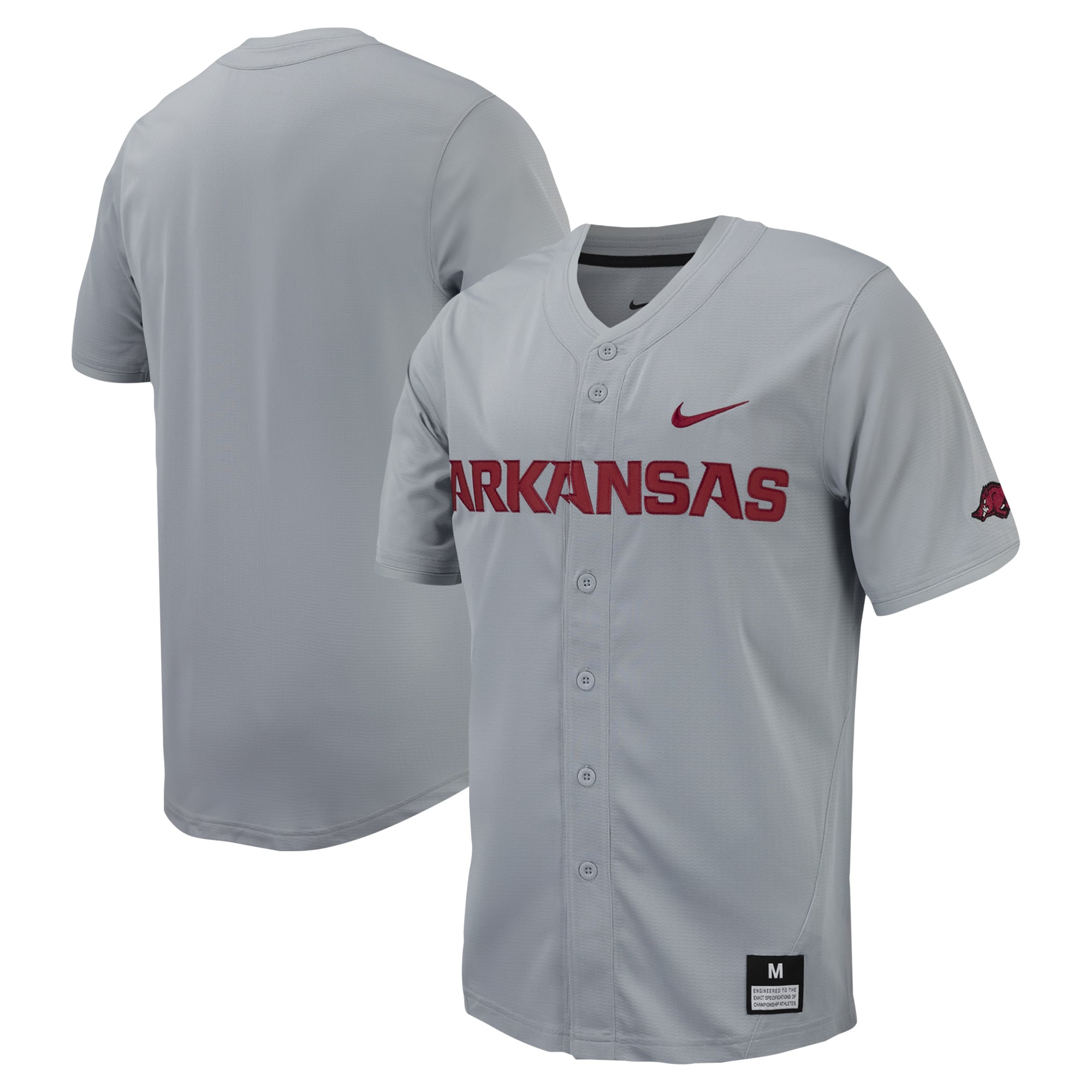 Arkansas Razorbacks Full-Button Baseball Jersey Gray - front and back view