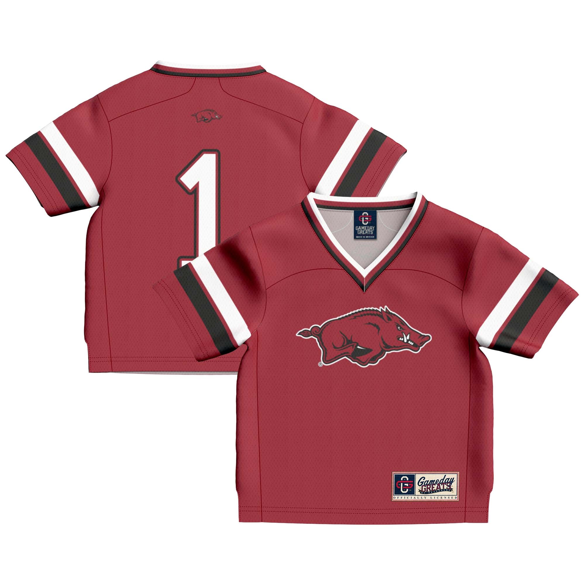 #1 Arkansas Razorbacks Infant Lightweight Collegiate Football Fashion Jersey - front and back view