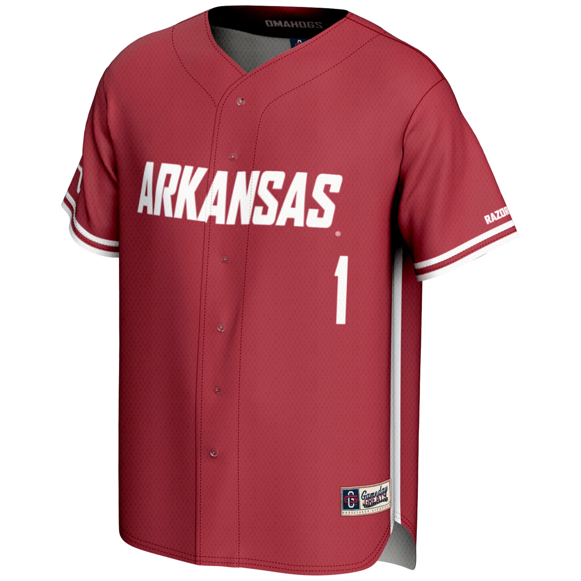 #1 Arkansas Razorbacks Lightweight Baseball Jersey Cardinal - front view