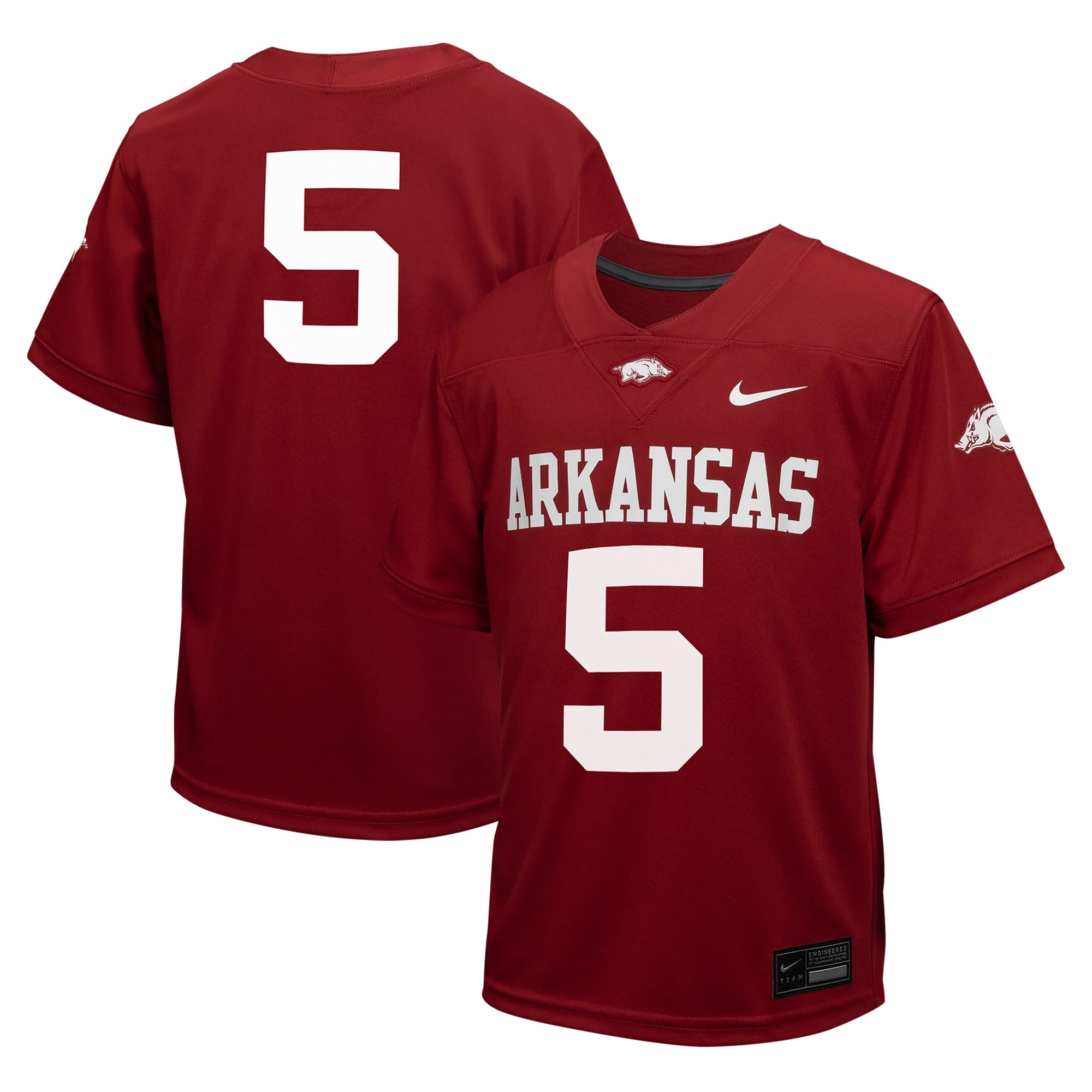 #5 Arkansas Razorbacks Youth Football Jersey Cardinal - front and back view