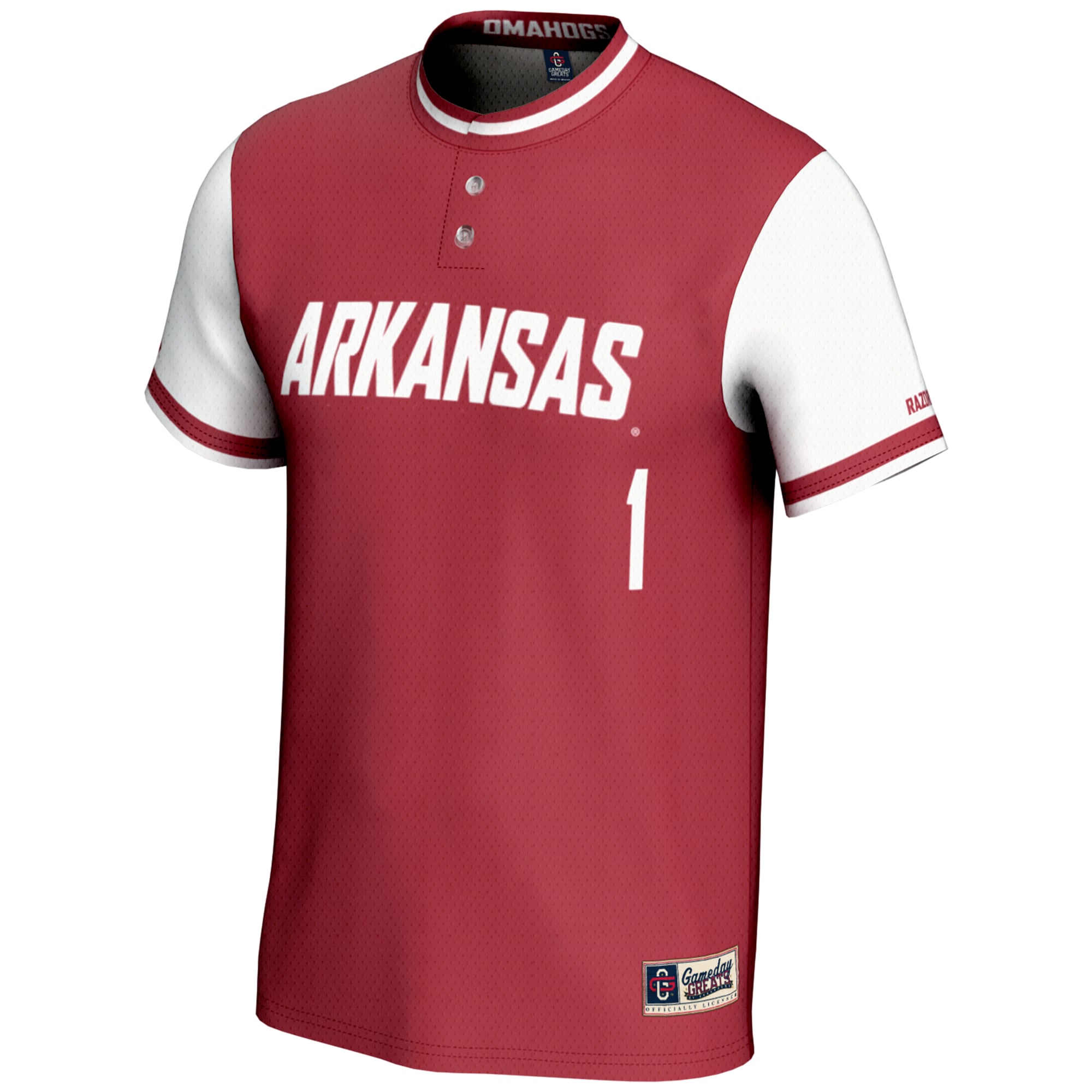 #1 Arkansas Razorbacks Youth Lightweight Softball Jersey Crimson - front view