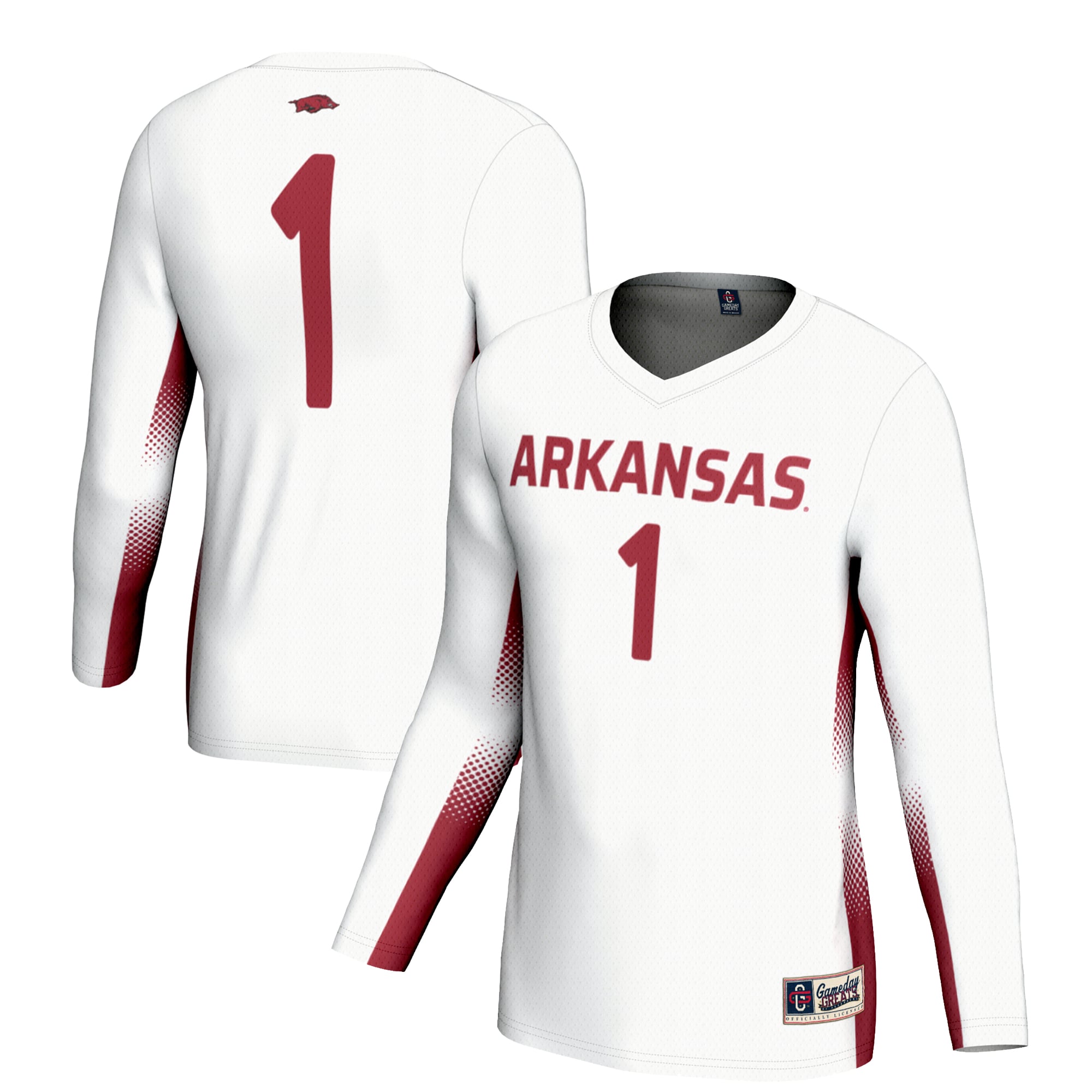 #1 Arkansas Razorbacks Youth Lightweight Women's Volleyball Jersey White - front and back view