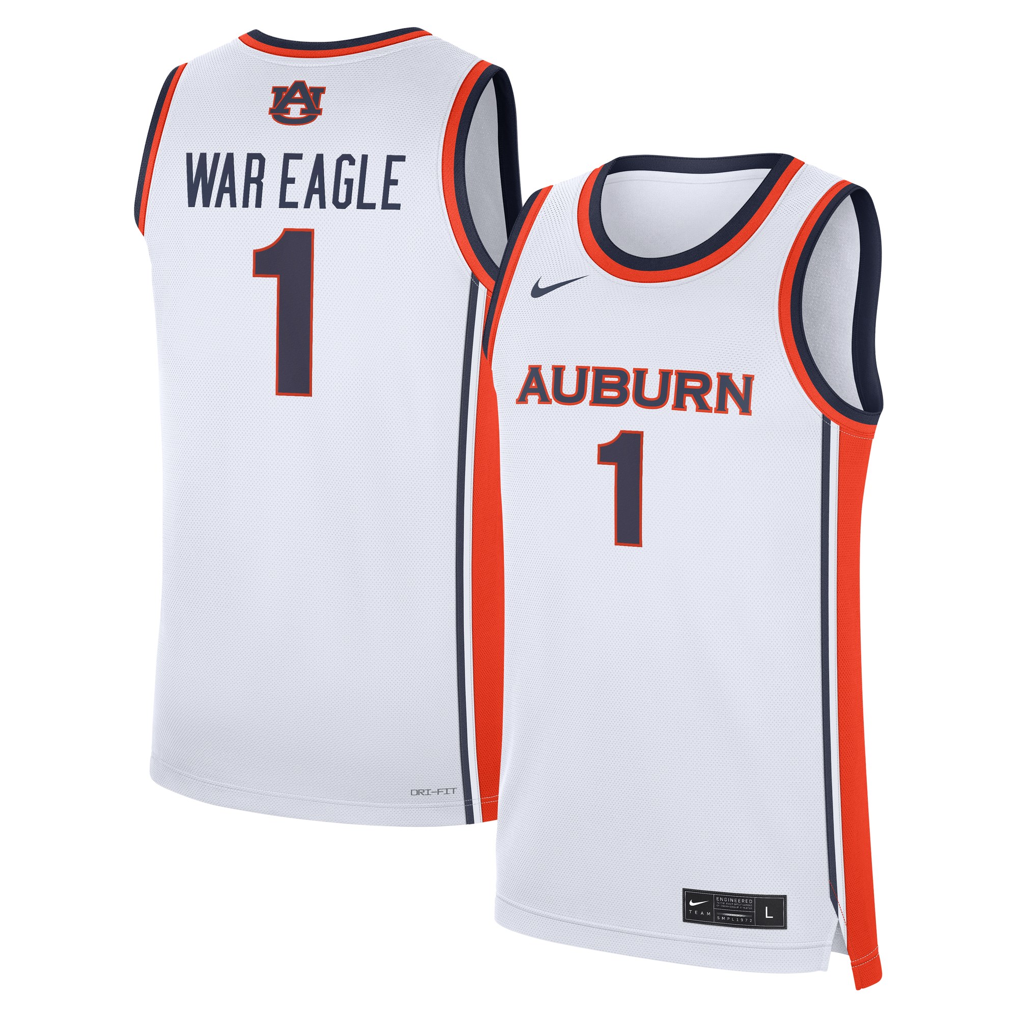 Auburn Tigers #1 Home War Eagle Basketball Jersey White - front and back view