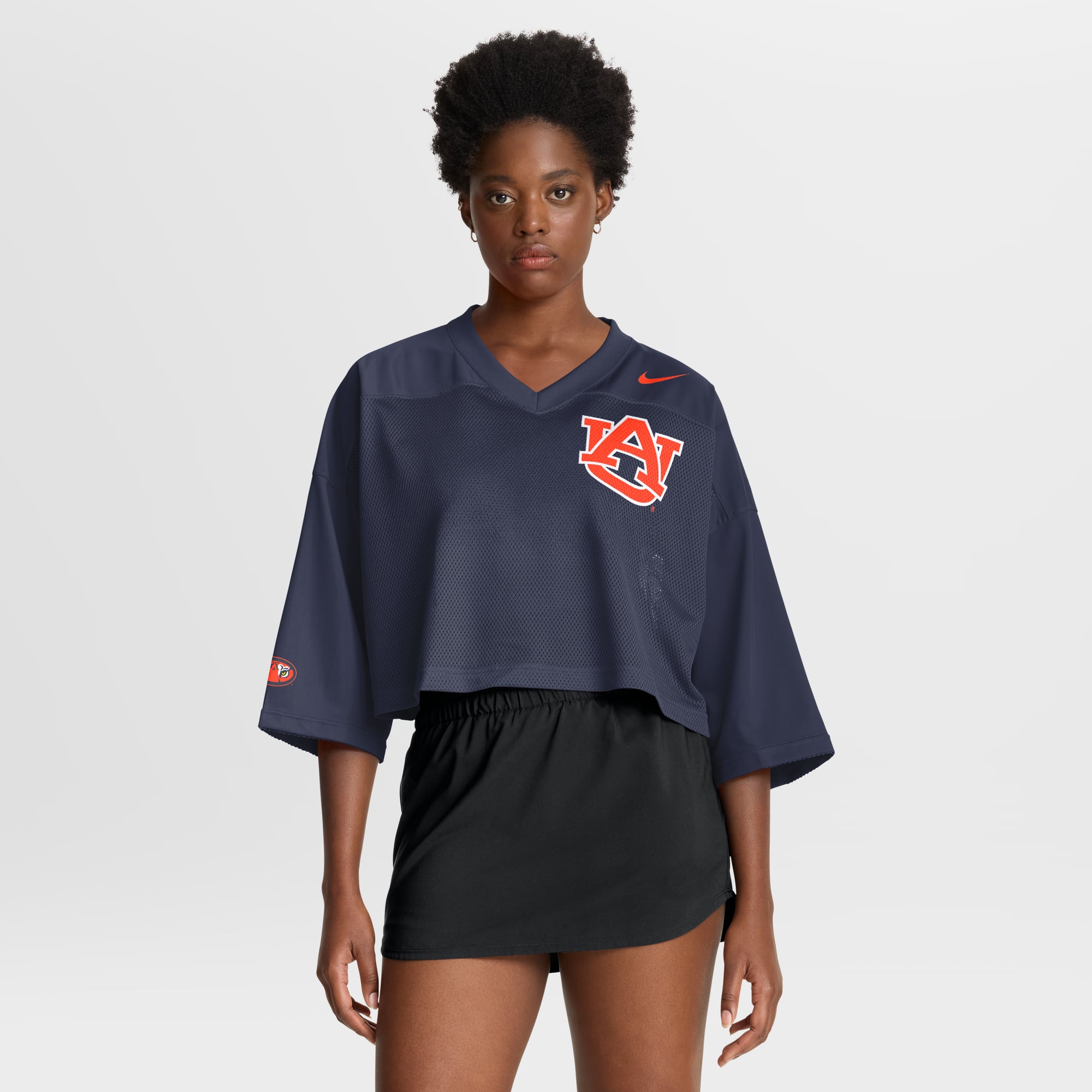 Auburn Tigers Women's Cropped Mesh Fashion Jersey Navy - front and back view