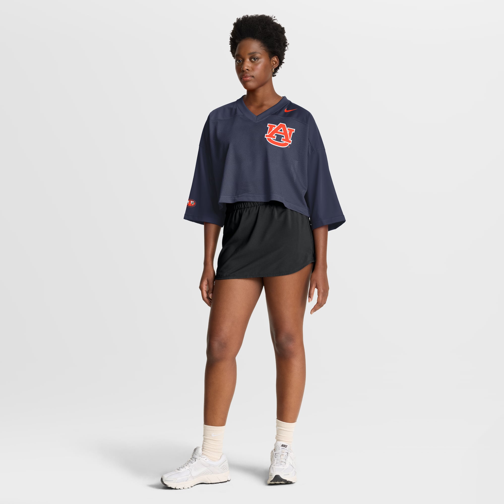 Auburn Tigers Women's Cropped Mesh Fashion Jersey Navy - model side view