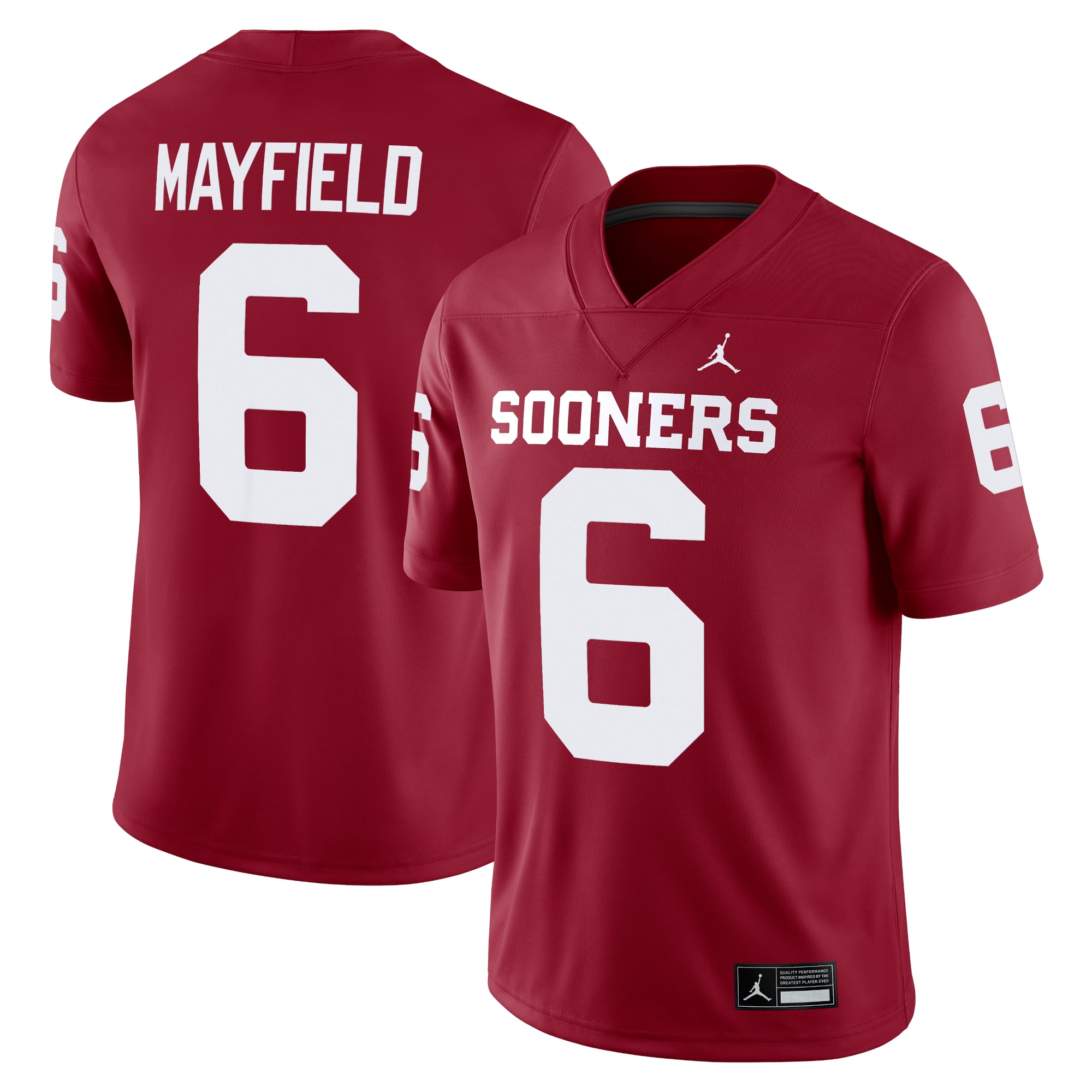 Baker Mayfield Oklahoma Sooners Alumni Player Jersey Crimson - front and back view