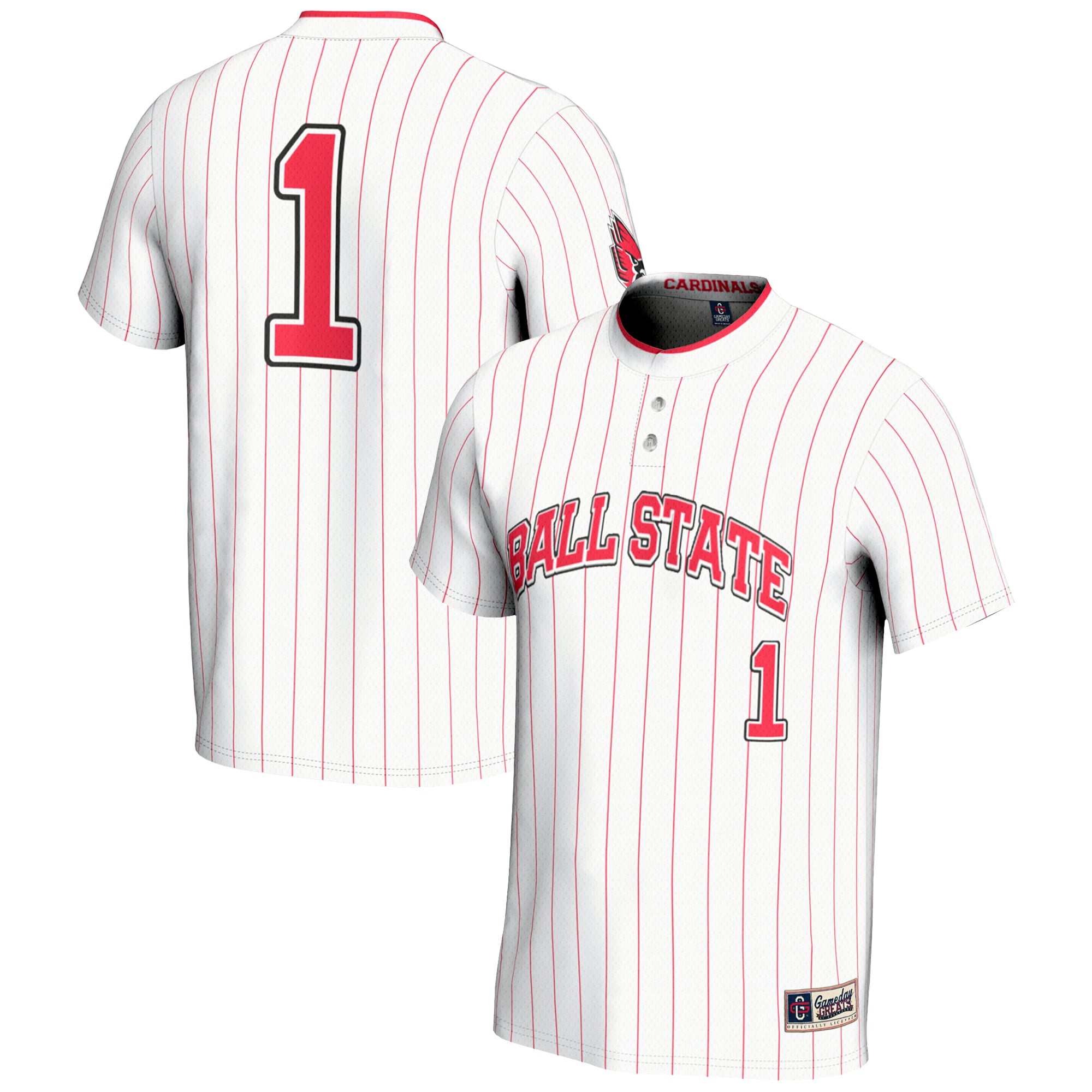 #1 Ball State Cardinals Unisex Lightweight Softball Jersey White - front and back view
