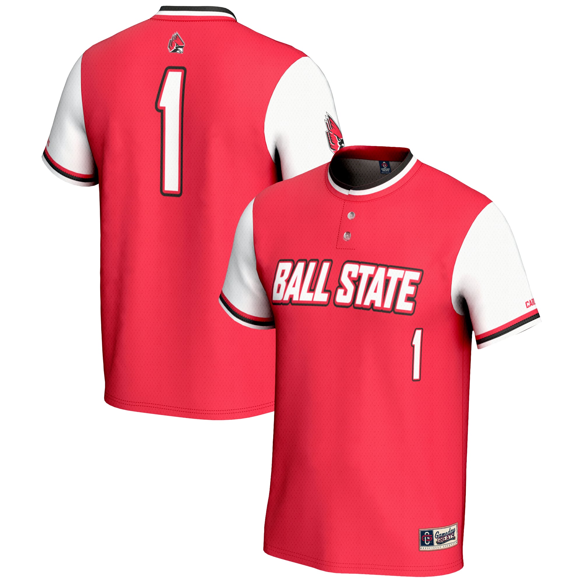 #1 Ball State Cardinals Youth Lightweight Softball Jersey Red - front and back view