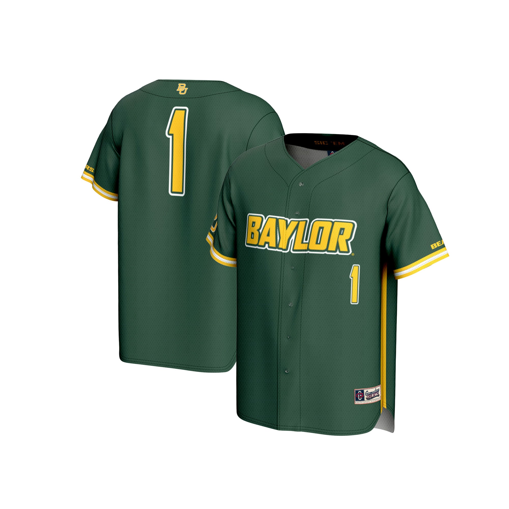 #1 Baylor Bears Unisex Lightweight Baseball Fashion Jersey Green - front and back view