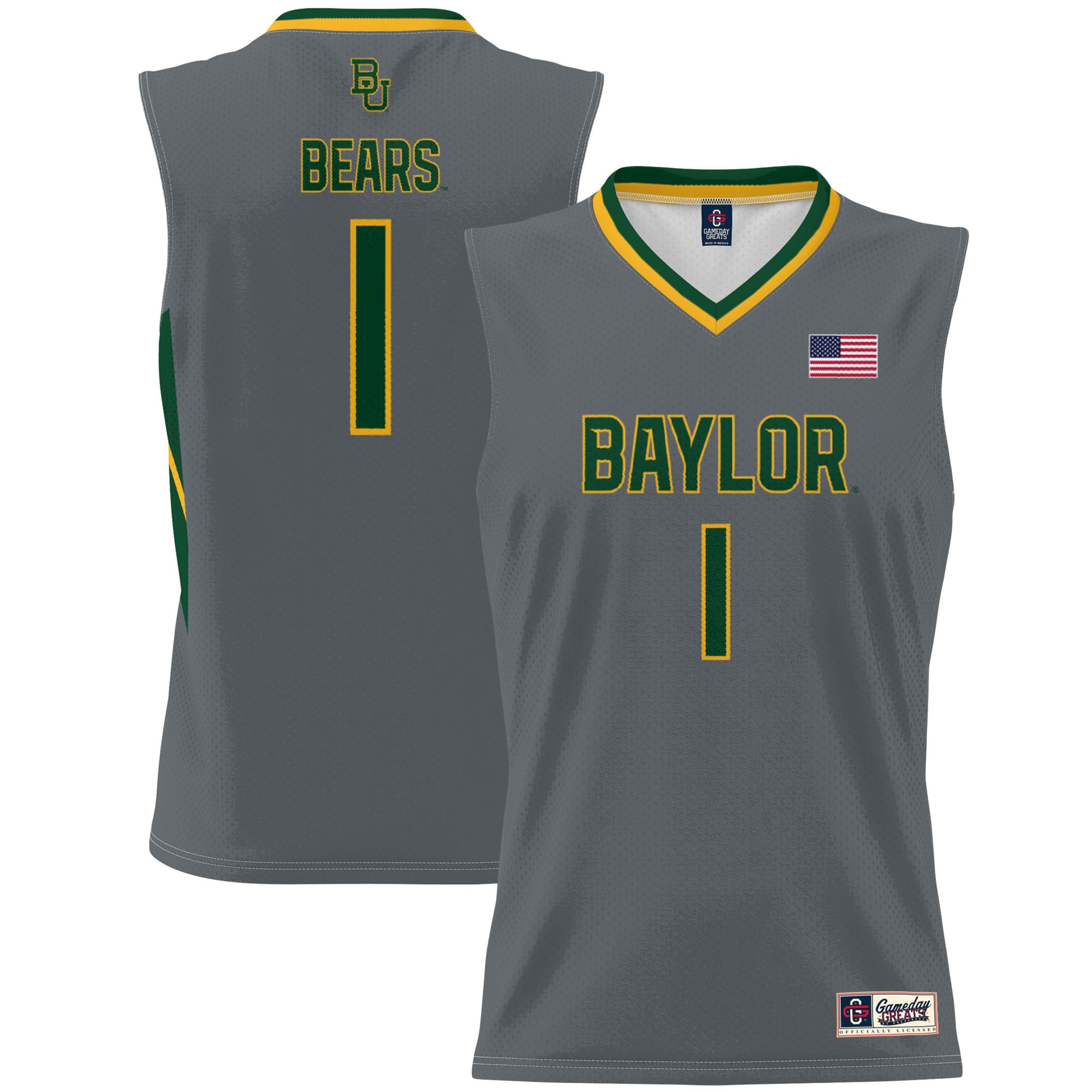 #1 Baylor Bears Unisex Lightweight Basketball Jersey Gray - front and back view