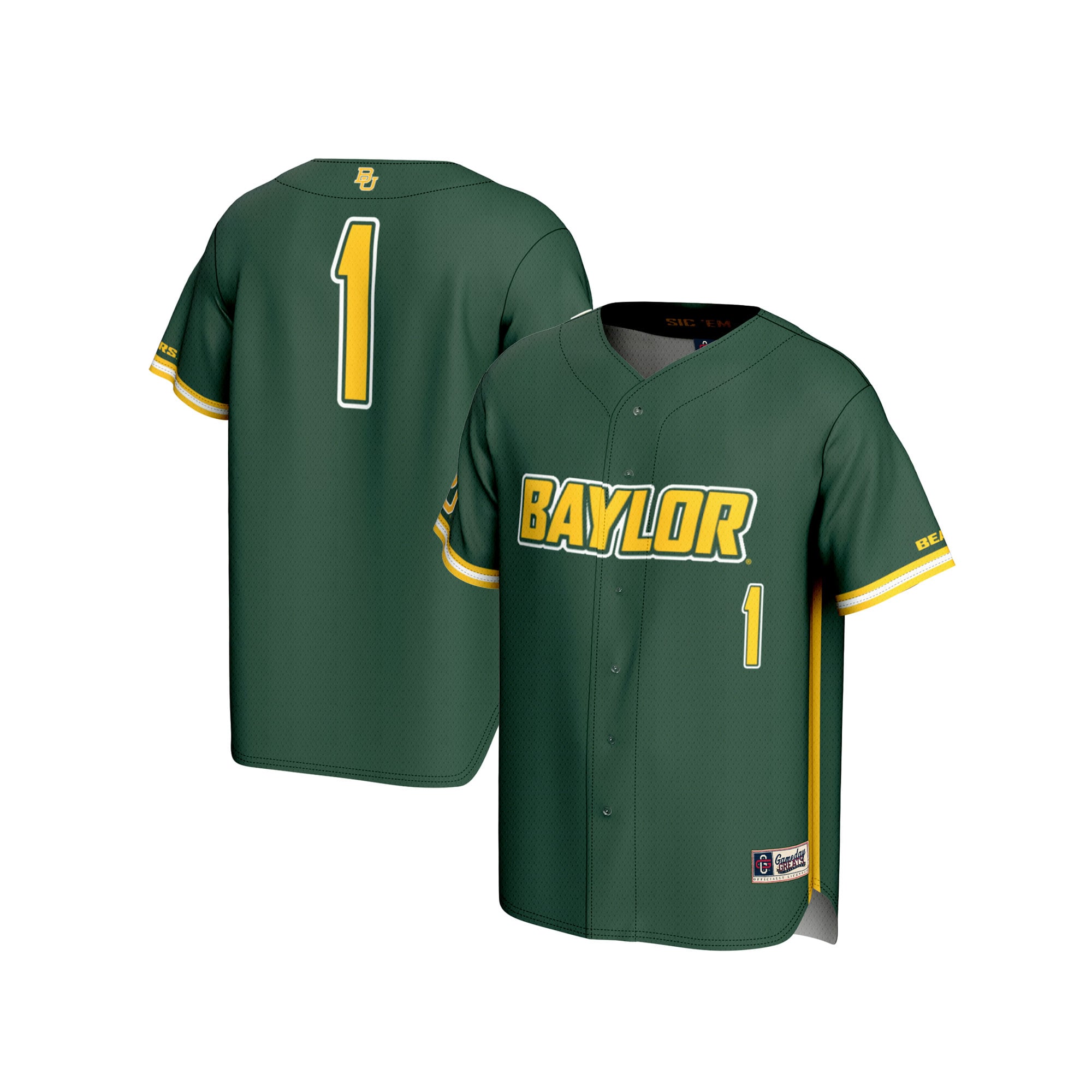 #1 Baylor Bears Youth Lightweight Baseball Fashion Jersey Green - front and back view