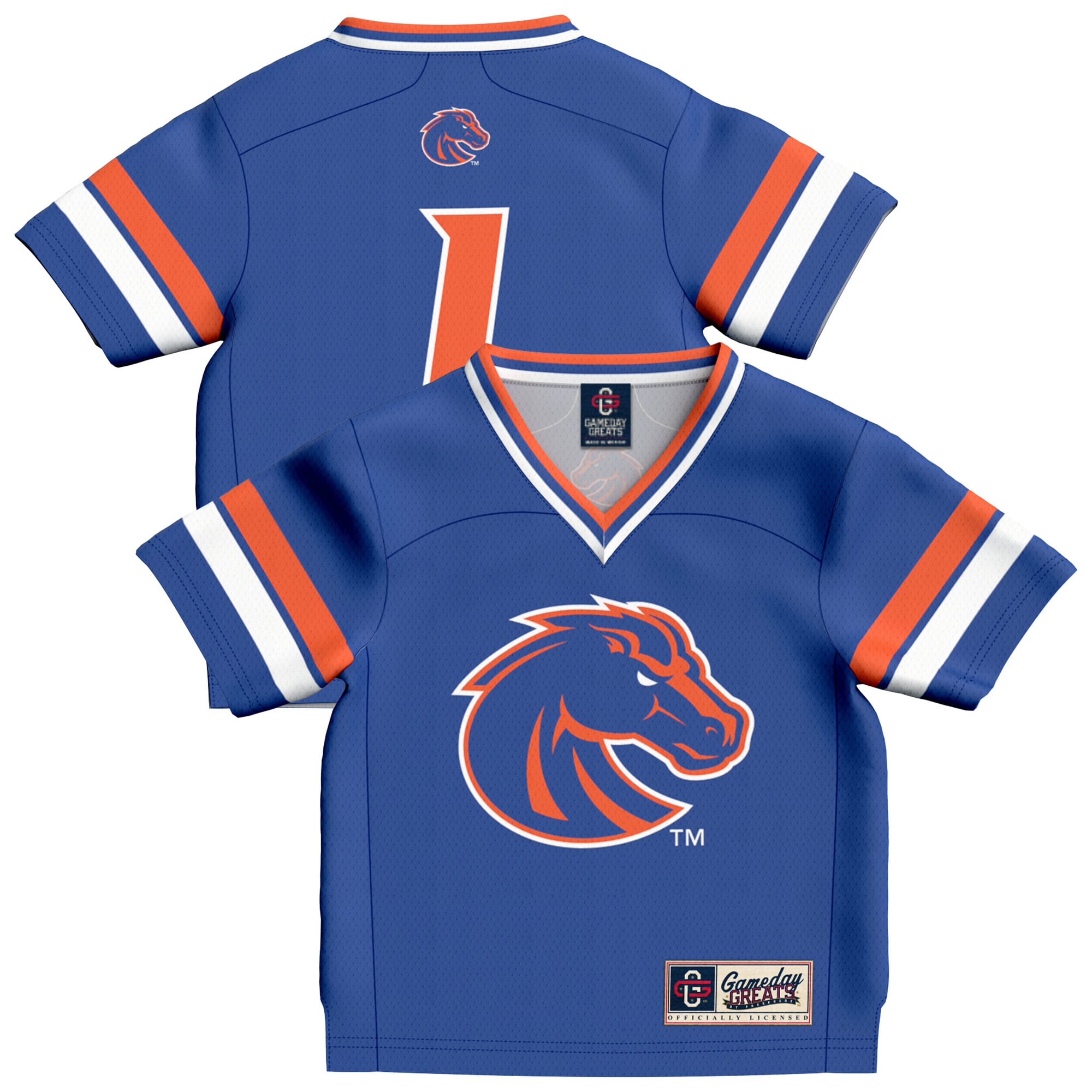 Boise State Broncos Infant Lightweight Collegiate Football Fashion Jersey - front and back view